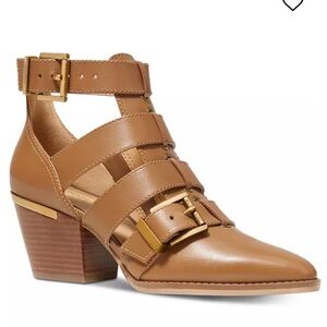 MICHAEL KORS Griffin Cutout Bootie Gold Buckles Almond Color Block Heel Size 6.5